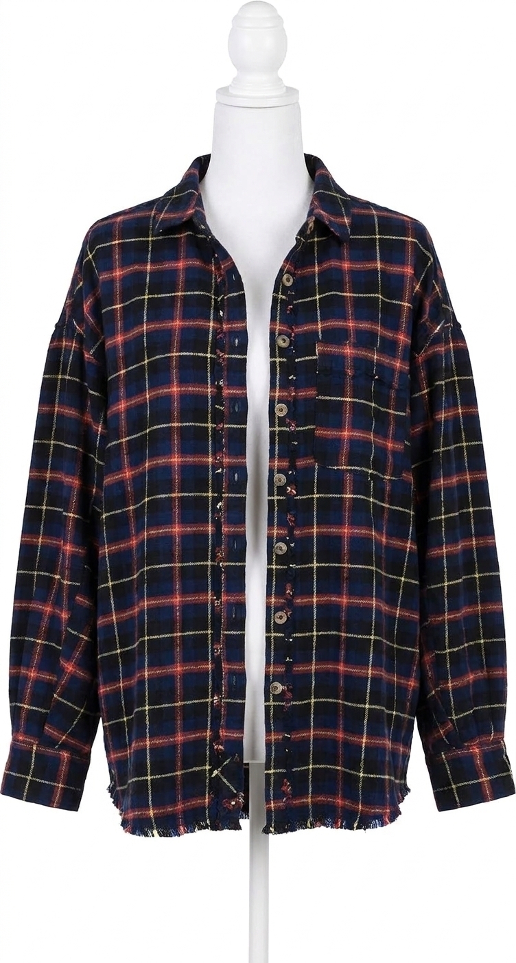 New Free People Happy Hour Plaid Shirt In Navy Combo